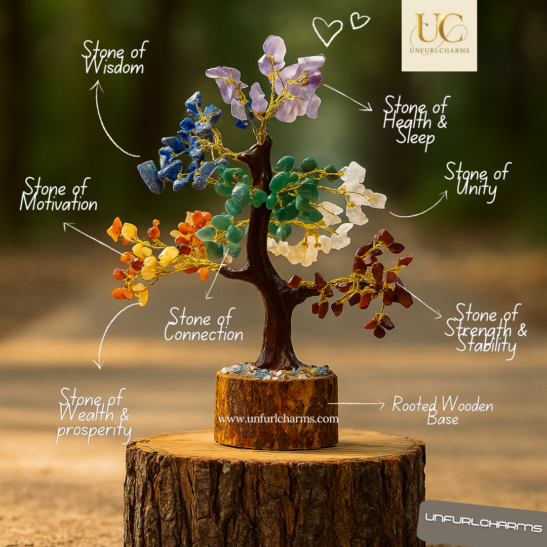 crystal TREE, gemstone tree for balance energy and positivity.Decorative tree with stones labeled on a wooden base, featuring Unfurl Charms branding.