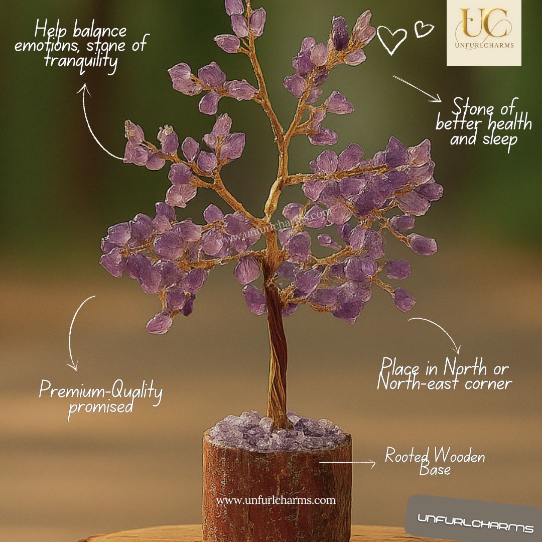 Decorative amethyst tree with text on a blurred background. Place in North or North-east corner of living room; Stone of better health and sleep.