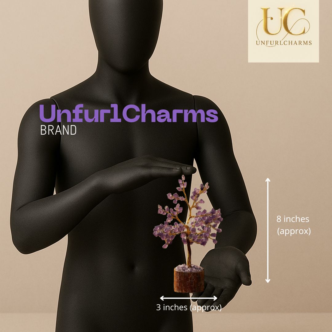 Black mannequin holding a small decorative plant with 'UnfurlCharms' branding on a beige background. 8 inches height and 3 inches width.