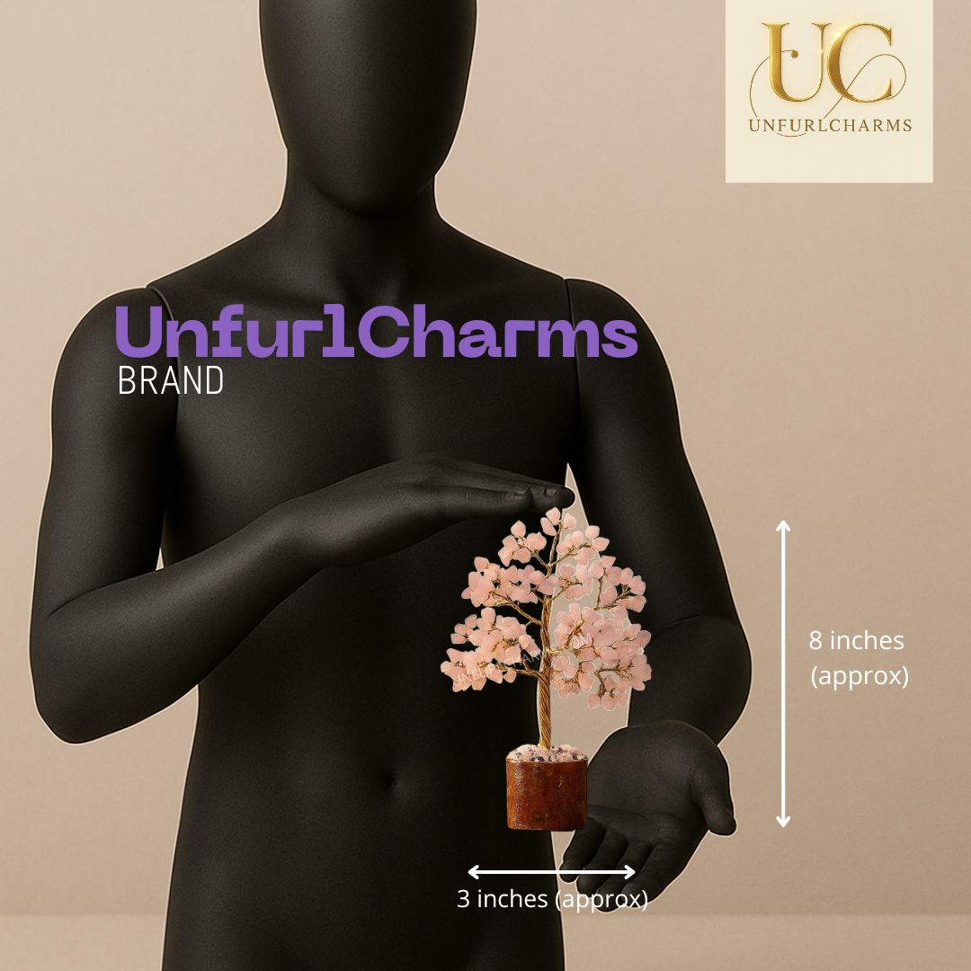 Black mannequin holding a small decorative tree with 'UnfurlCharms' branding on a beige background. * Inches height and 3 inches width.