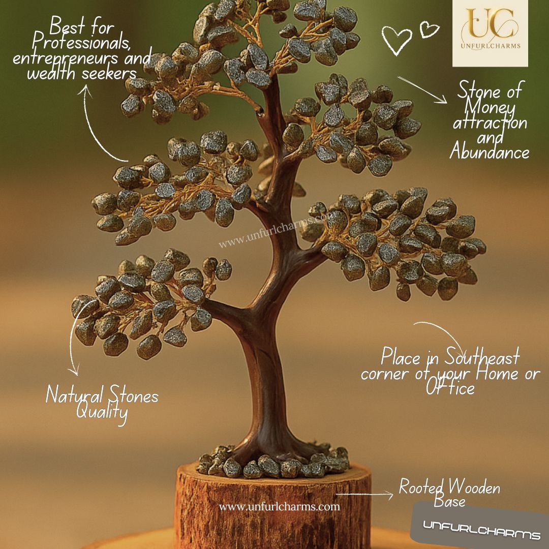 Pyrite Natural Stone tree by UnfurlCharms for Wealth attraction and Abundance | Crystal Stone Tree | Home and Office Decor | Gifting Purposes | Gemstone Jewelry Store | Made in india