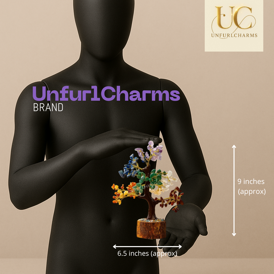 Black mannequin holding a decorative tree figurine with 'UnfurlCharms' branding and measurements & crystal healing Stone tree 9 inches height and 6.5 inches width