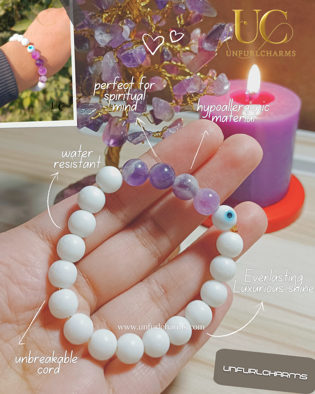 Bracelet with white, purple, and blue beads held in a hand. Best for peace, anxiety relief, healing properties. for men and women