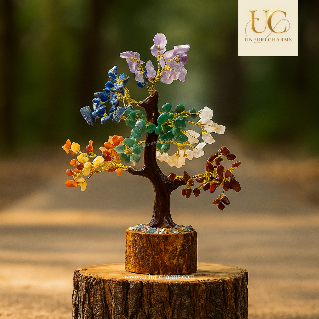 Colorful crystal tree on a wooden base with 'UC Unfurl Charms' branding.