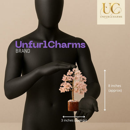 Black mannequin holding a small decorative tree with 'UnfurlCharms' branding on a beige background. * Inches height and 3 inches width.