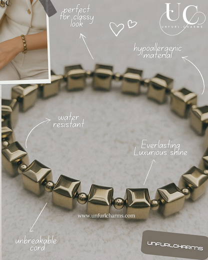 Golden Hematite Bracelet – Luxe Finish Bracelet for Grounding, Aura Protection & Inner Clarity | Hypoallergenic | Water-Resistant